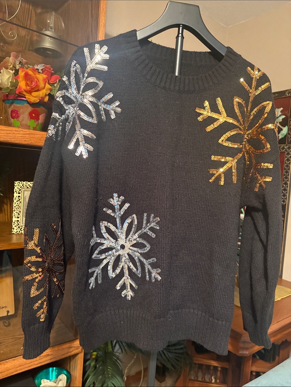 SHEIN Black Crewneck Sweater with Gold & Silver Sequin Snowflakes